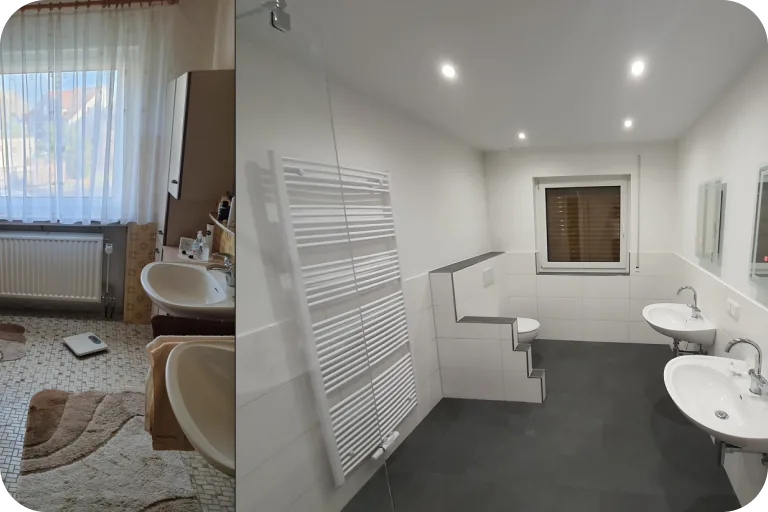 Badezimmer mit Handtuchheizkörper und dunklen Bodenfliesen